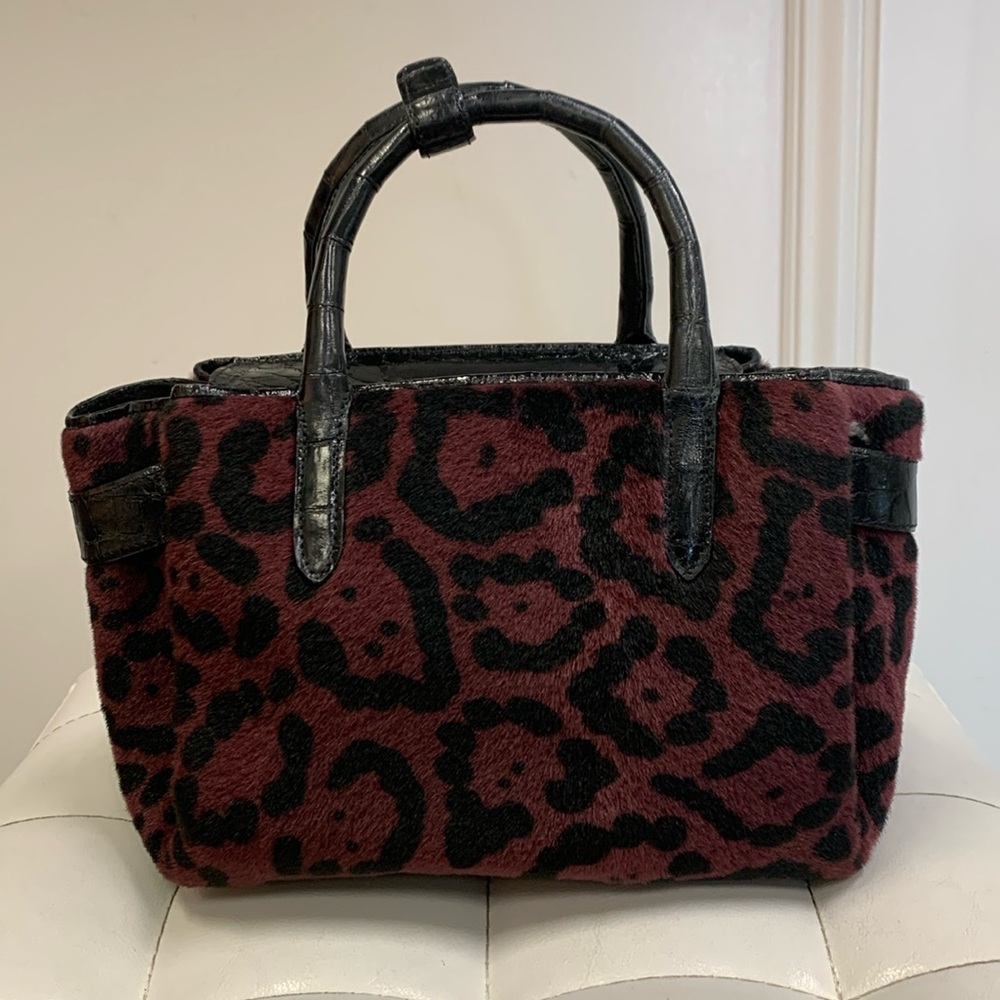 Nancy Gonzalez Burgundy and Black Leopard Calf Hair Crossbody Tote - Picture 2 of 10